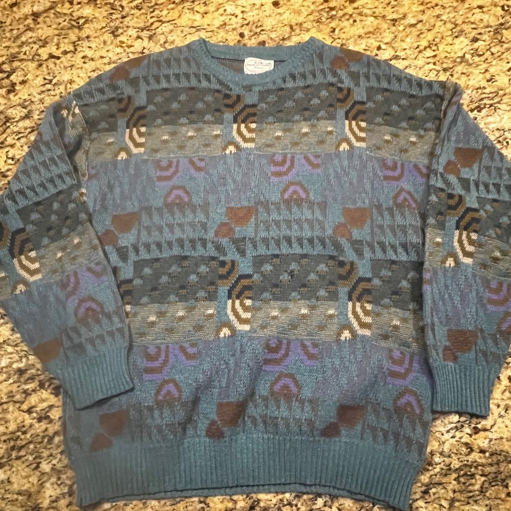 Vintage‎ Pronto Uomo Made in Italy Abstract Geometric Knit Sweater Teal Blue XL
